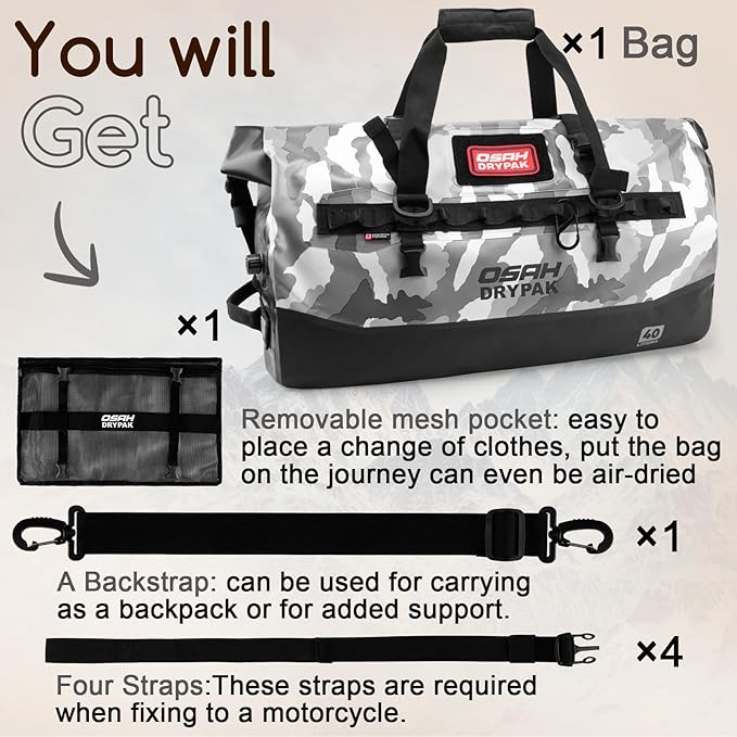 OSAH DRYPAK Waterproof Duffel Bag 25L/40L/60L – Heavy-Duty Motorcycle Tail Bag, Roll-Top Dry Bag for Travel, Camping, Boating, Kayaking, Outdoor Adventure