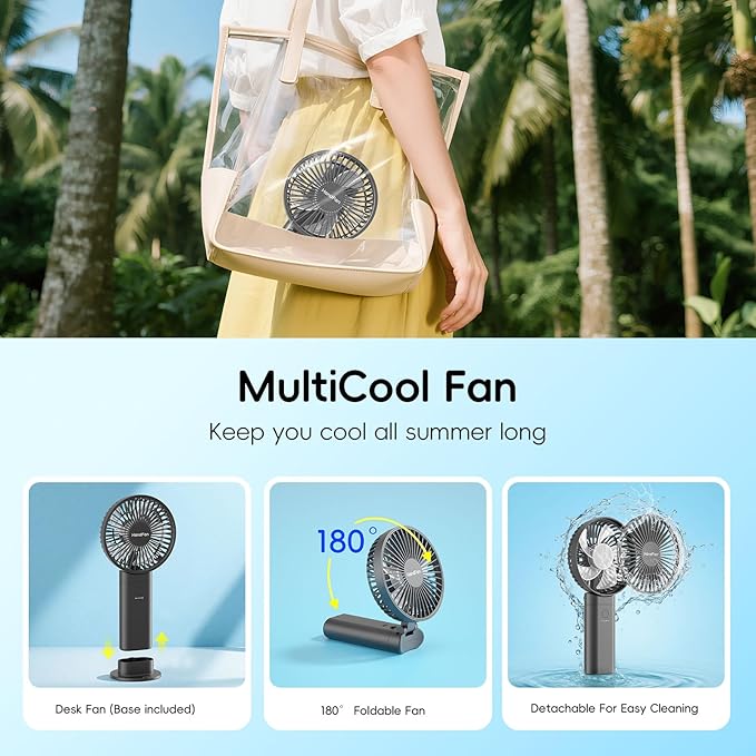 HandFan Upgraded 10,000 mAh Quiet Handheld Fan - 4.5 Inch Large Hand Held Fans Reahargeable, 180° Foldable Portable Fan [30 Working Hours] with Lanyard, Base for Disney/Travel/Concerts/Beach/Office