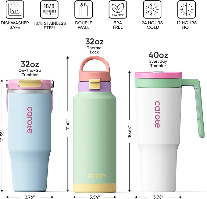CAROTE 3-Pack Insulated Stainless Steel Water Bottles with Upgraded Leakproof Tech, Car Holder Fit & Scratch-Resistant, 32/32/40 oz Travel Straw Tumblers Set for Home/Car/Outdoor (Macaron)