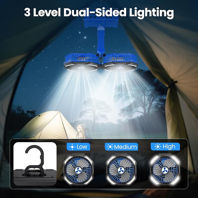 Dual Head Portable Rechargeable Fan 20000mAh Battery Powered Camping Fan Cordless with LED Lantern & Remote, Auto Oscillation, Hook, Battery Operated for Tent Office Travel Picnic Jobsite Orange