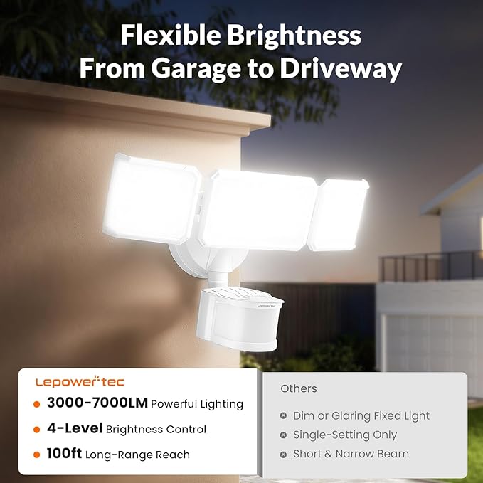 LEPOWER-TEC Zero Blind Spots Outdoor Security Light with 240° & 100ft Dual PIR Motion Sensor, 7000LM Adjustable Flood Light Brightness for Garage Driveway, Dusk to Dawn, IP65, Easy Hardwired Install