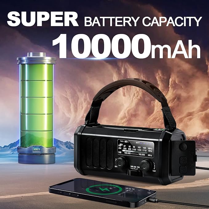 10000mAh Emergency Weather Radio,Portable FM/AM/NOAA Battery Powered Survival Radios&Power Bank,Solar/Hand Crank/Type-C Charger,Flashlight,Reading Lamp,Compass,SOS Alert,Outdoor Camping&Power Outages