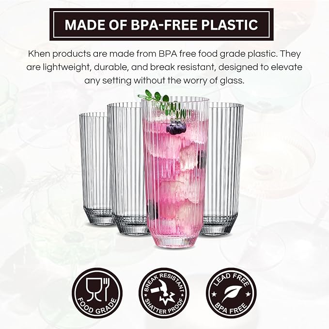 Khen Plastic Acrylic Ribbed Drinking Glasses – Set of 4 Clear 11.8oz Tritan Tumblers, European Style Shatterproof Drinkware – Durable, BPA-Free, Dishwasher Safe, Stackable & Unbreakable Plastic Cups