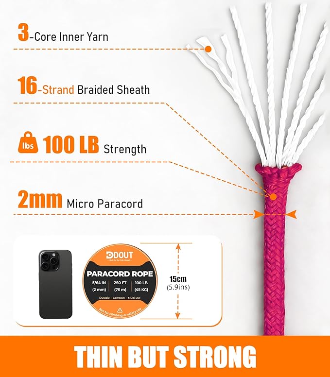 DDOUT 2mm Paracord 100lb, Thin Micro Paracord Rope, Pink 250FT Nylon Cord for Crafting, DIY Projects, Fishing, Camping & Outdoor