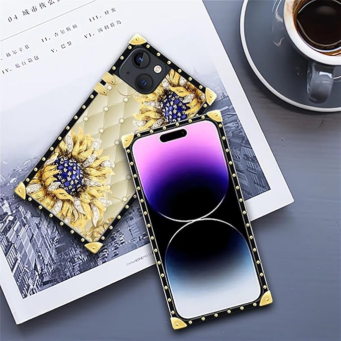 Compatible with iPhone 14 Case, Sunflower Diamonds Leather Luxury Golden Decoration for Girl Women Soft TPU Shockproof Protective Hard PC Back for iPhone 14
