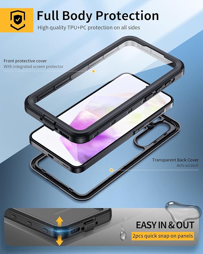 Lanhiem for Samsung Galaxy A35 5G Case, IP68 Waterproof Dustproof, Built-in Screen Protector, Rugged Full Body Shockproof Protective Cover for Samsung A35 5G /4G 6.6", Black/Clear