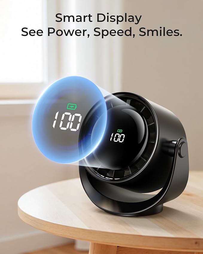 Koonie Desk Fan, LED Display Mini Table Fan, Rechargeable Personal Fan with 4000mAh Battery, Max. 17H Use, 5 Speeds, 360°Tilt, USB-C Charging, Quiet Small Portable Fan for Home, Office, Camp, Travel