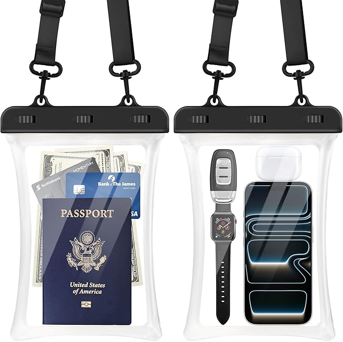 CACOE [Floatable Floating Universal IPX8 Waterproof Phone case 2 Pack-Up to 10.0",Adjustable Lanyard Phone Pouch,Dry Bags for Vacation Beach Pool Kayak Cruise Travel Essentials（Black+Black-#2）