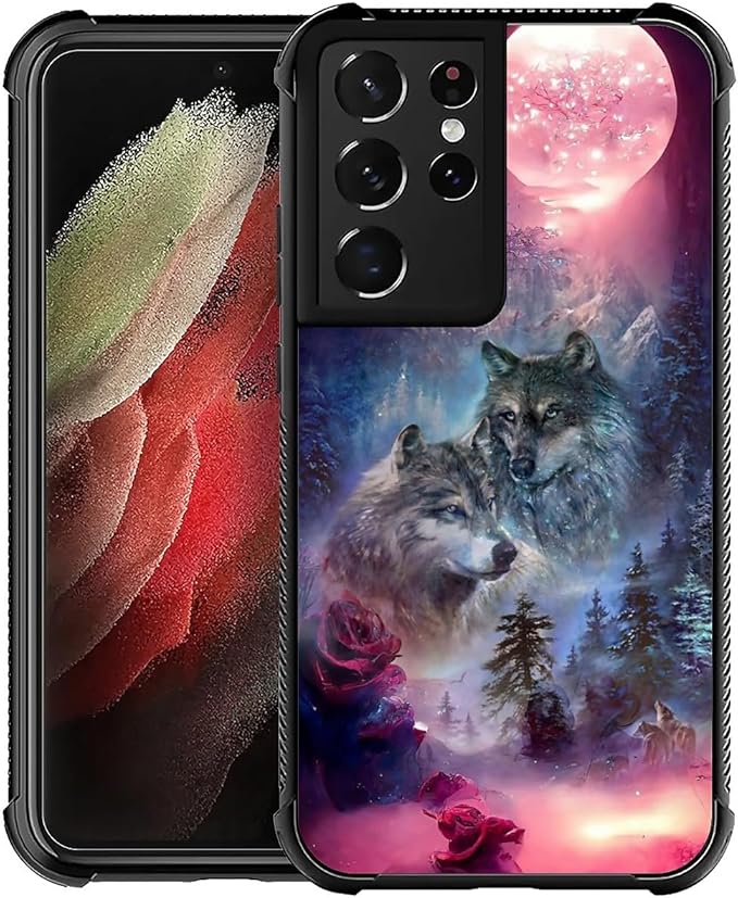 for Samsung Galaxy S21 Ultra Case, Star Two Wolfs Howling Pattern Graphic Design Girl Boy Soft Silicone Hard Acrylic Shock Protection for Samsung Galaxy S21 Ultra