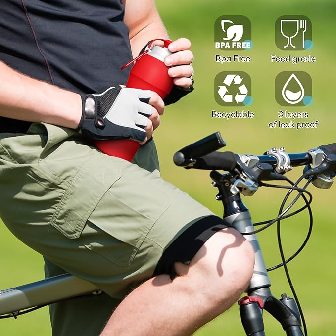 Collapsible Lightweight 20oz Water Bottle, Food-Grade Silicone BPA Free, Foldable Portable Leak Proof Office Travel Cycling Sports Outdoor Water Bottle with Vertical Hook (red, Short nozzle)