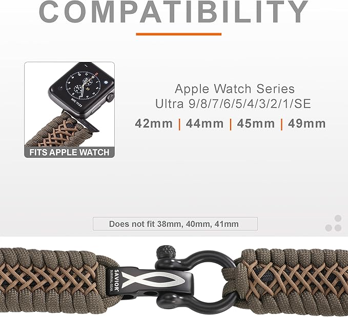 Savior Survival Gear Paracord Watch Band,Compatible with Apple Watch Band 49mm 46mm 45mm 44mm 42mm, iWatch Band Series Ultra 10 9 8 7 6 5 4 3 2 1 SE,Adjustable strap for men (Green-Brown-Black, Large)