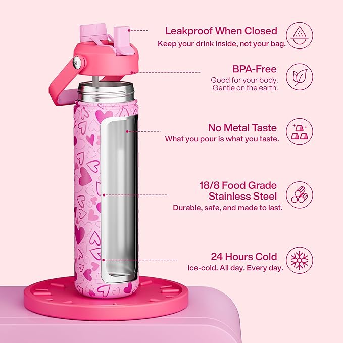 ENCOOL Valentine's Day Insulated Water Bottle with Straw Stainless Steel Water Bottle, Leak-Proof, BPA-Free, Keeps Cold for 24 Hours for Sports, Travel, School (26 oz, Sweet Hearts Pink x Pink)