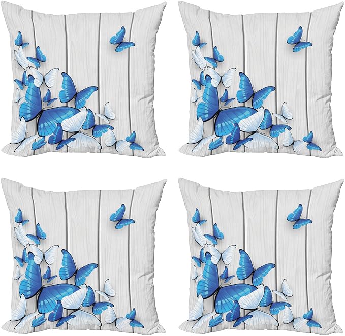 Ambesonne Butterflies Throw Pillow Cushion Case Pack of 4, Blue and White Butterflies on Wooden Background Timber Wall Rustic Life, Modern Accent Double-Sided Digital Printing, 20", Grey White