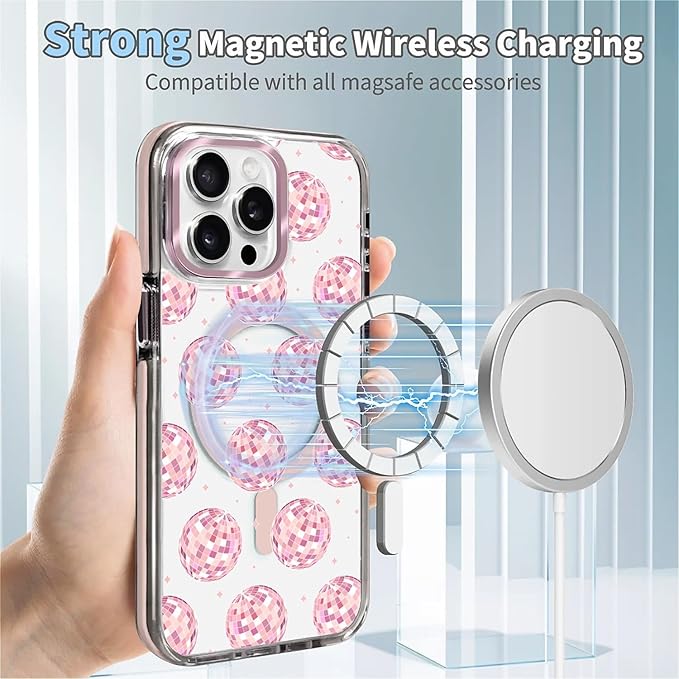 Case for iPhone 14 Pro Max,[Compatible with MagSafe],Disco Balls Pink Phone Case Design，for Women Girls Magnetic Clear Cover - Slim, Sleek, & Shockproof Protection