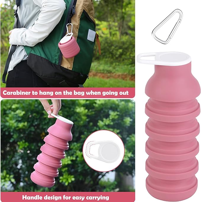 Collapsible Silicone Water Bottle - 20oz Foldable, Leakproof, BPA-Free - for Gym, Travel & Daily Use (Pink)