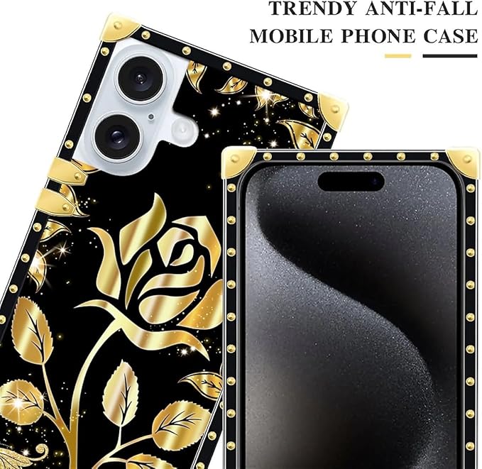 Compatible with iPhone 16 Plus Case, Shine Gold Rose Luxury Golden Decoration for Girl Women Soft TPU Shockproof Protective Hard PC Back for iPhone 16 Plus