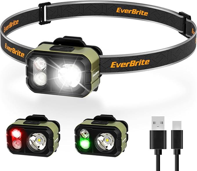 EverBrite 400LM Rechargeable Headlamp, 1.59 oz Lightweight & Comfortable Head Lamp with Hat Clip, IP67 Waterproof, White/Red/Green Light, 7 Modes for Running, Camping and Backpacking-Green