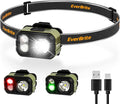 EverBrite 400LM Rechargeable Headlamp, 1.59 oz Lightweight & Comfortable Head Lamp with Hat Clip, IP67 Waterproof, White/Red/Green Light, 7 Modes for Running, Camping and Backpacking-Green
