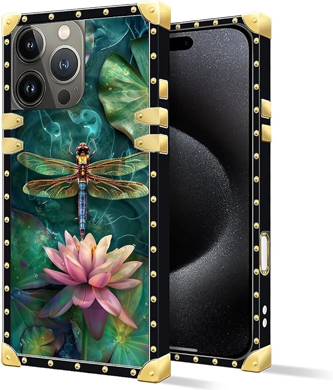 Compatible with iPhone 16 Pro Max Case, Colourful Dragonfly Pink Lily Pads Luxury Golden Decoration for Girl Women Soft TPU Shockproof Protective Hard PC Back
