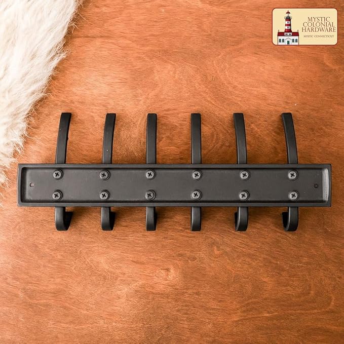 Mystic Colonial Rustic Cast Iron Wall Rack with 6 Blackened Hooks � Heavy Duty Vintage Utility Hanger for Coats, Towels, Hats & Bags � Size: 32.5?cm ? 14.4?cm, Mounting Hardware Included