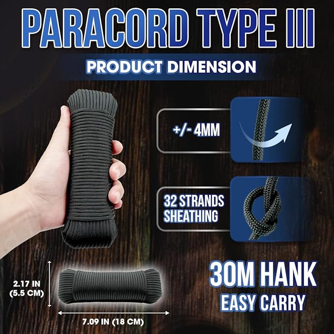 High Tensile Paracord Type III Parachute Cord Reflective Paracord Rope Tactical Paracord for Camping, Survival, Gear Repair & DIY (Black, 98 Ft)
