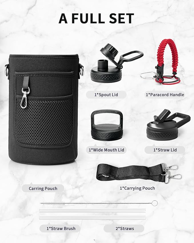Trebo Water Bottle 64oz with Paracord Handle, Half Gallon Large Vacuum Triple Wall Stainless Steel Insulated Water Jug with Holder Strap Straw Spout Lids, Leakproof Keep Cold & Hot, Red