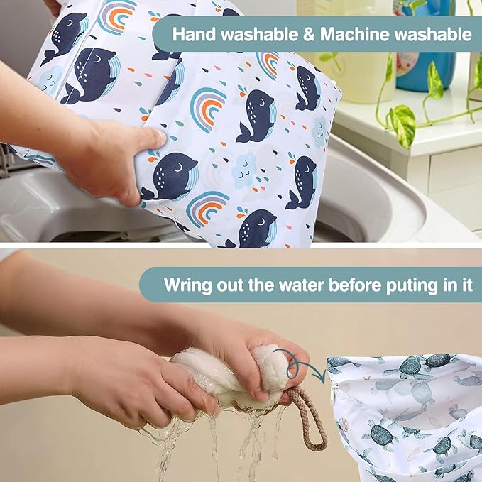 Wet Dry Bags 2-Pack with Cute Dolphin Print - Waterproof Travel Organizer for Swimming Pool Beach Gym Baby Cloth Diapers Swimwear with Dual Zippers