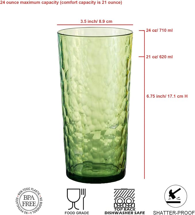 24-ounce Plastic Tumblers, Acrylic Drinking Glasses High-Balls, set of 12 Green, Reusable Plastic Cups, Hammered Style Stackable, BPA-Free, Shatter-Proof, Dishwasher-Safe