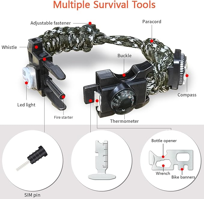 20 in 1 Survival Paracord Bracelet Adjustable Gear Kit with SOS LED Light, Fire Starter, Bigger Compass, Survival Whistle, Perfect for Camping, Hiking, Fishing