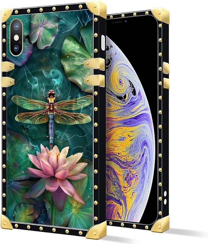 Compatible with iPhone XR Case, Colourful Dragonfly Pink Lily Pads Luxury Golden Decoration for Girl Women Soft TPU Shockproof Protective Hard PC Back for iPhone XR