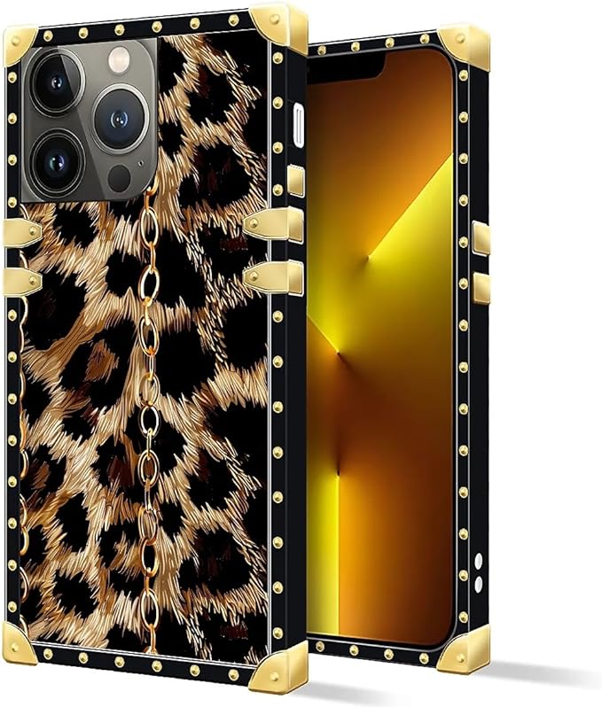 Compatible with iPhone 13 Pro Max Case, Seamless Gold Chain Leopard Luxury Golden Decoration for Girl Women Soft TPU Shockproof Protective Hard PC Back for iPhone 13 Pro Max