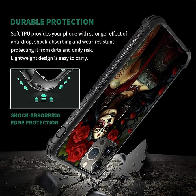 for iPhone 16 Pro Case, Day of The Dead Halloween Woman Pattern Graphic Design Girl Boy Soft Silicone Hard Acrylic Shock Protection for iPhone 16 Pro