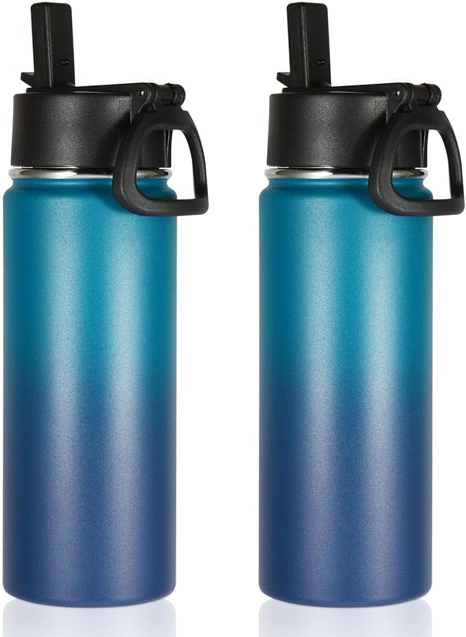 Volhoply 18oz Insulated Water Bottle Bulk 2 Pack,Kids Stainless Steel Water Bottles with Straw Lid,Wide Mouth Reusable Metal Cups,Double Wall Vacuum Sports Flask Keep Hot and Cold(Dark Night,2 Set)