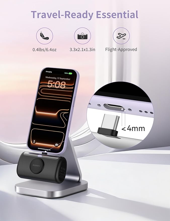 RORRY PalmGo Portable Charger, 10000mAh PD 22.5W Fast Charging Mini Power Bank with Built-in USB C Connector, 3-in-1 Battery Pack for iPhone 17/16/15 Pro/Max, Apple Watch Ultra/11/10/SE, iPad, White