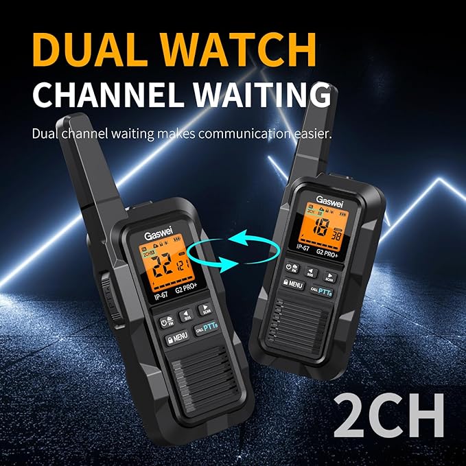Gaswei G2pro+ Heavy Duty Walkie Talkies for Adults，Rechargeable Long Range Two Way Radios 2 watts ，NOAA Weather，FM Radio，IP67 Waterproof，VOX ，Double PTT，Li-ion Battery (2 Pack - Black)