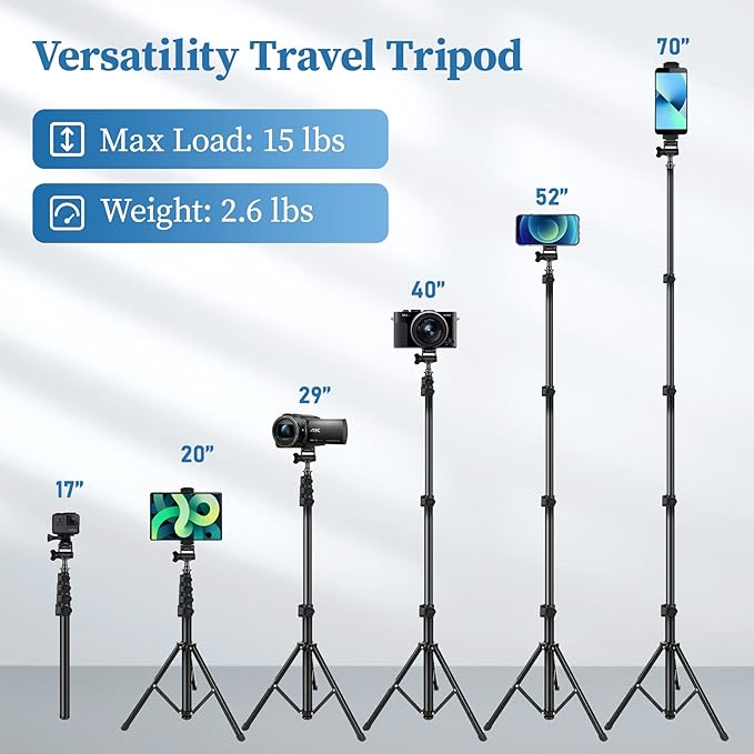 Nineigh Phone Tripod, 70" Selfie Stick Tripod Stand Cell Phone Tripods with Remote Phone Holder Carry Bag, Aluminum Alloy Selfie Stick Tripods, Compatible with iPhone Samsung GoPro Smartphone