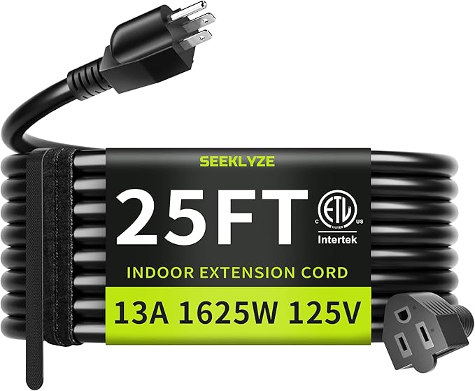 16/3 Black 25 FT Extension Cord, Indoor Extension Cord for Laptops, Coffee Makers, Office Home Appliances, 3 Prong Resistant Cable Flexible, 13A 125V 1625W ETL Listed