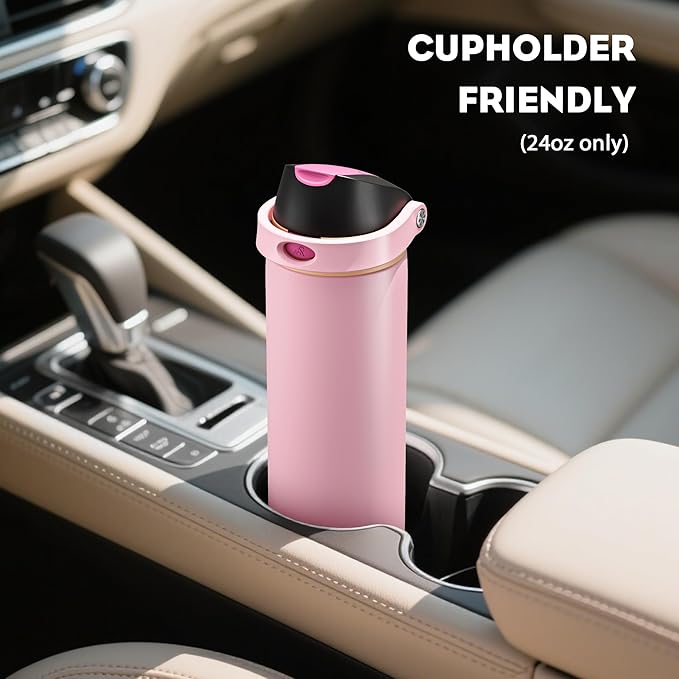 POWCAN 24 oz Insulated Water Bottle for Women: 2-in-1 Push-Button Spout & Quick-Flip Straw, Leakproof, Cold 24Hrs, Fits Car Cup Holder, Stainless Steel Cup for Sports, Camping, Gift (Polka Whimsy)