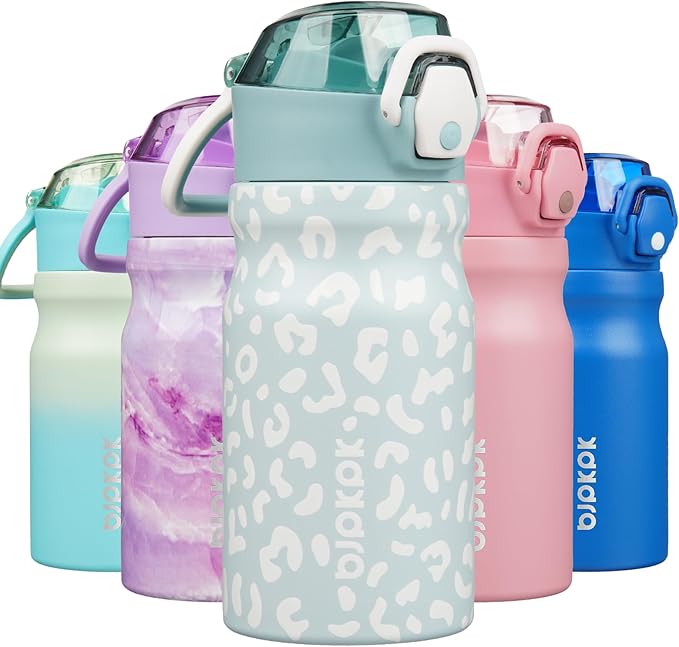BJPKPK Water Bottle with Straw 14oz Insulated Water Bottles Reusable Stainless Steel Metal Thermal Flask with Leak Proof Lockable Lid and Carry Handle,Light Blue Leopard