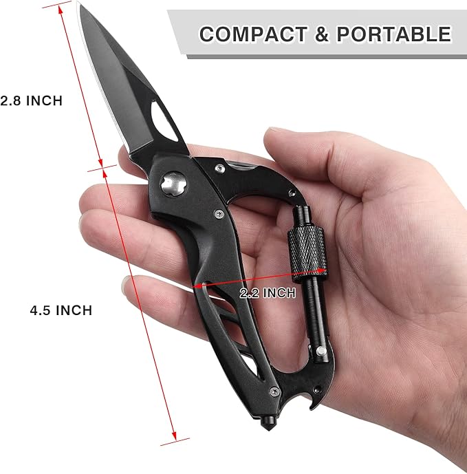 FUNBRO Multitool Carabiner with Pocket Knife, Stocking Stuffers Gifts for Men, EDC Carabiners with Folding Knives, Bottle Opener, Window Breaker and Screwdriver, Survival Gear for Camping Hiking
