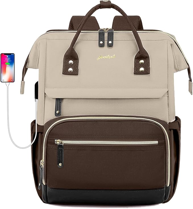 Laptop Backpack Women Work Bag: 15.6 inch Work Bookbag with USB Charging Port Large Travel Backpack Purse for College Nurse Casual Daypack for Teacher Professional Computer Backpack Apricot Coffee