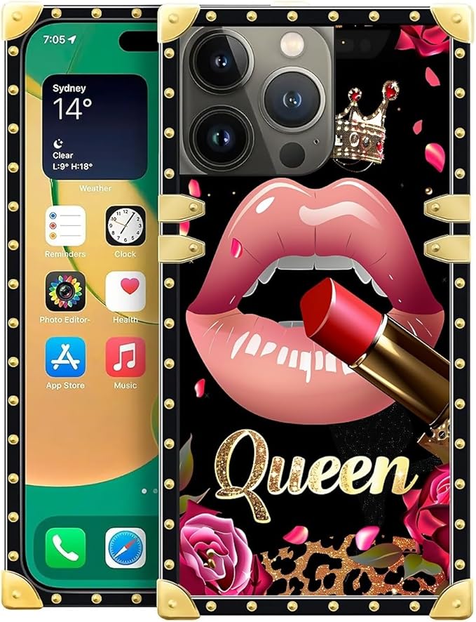 Compatible with iPhone 14 Pro Max Case, Glitter Red Rose Queen Leopard Lipstick Luxury Golden Decoration for Girl Women Soft TPU Shockproof Protective Hard PC Back