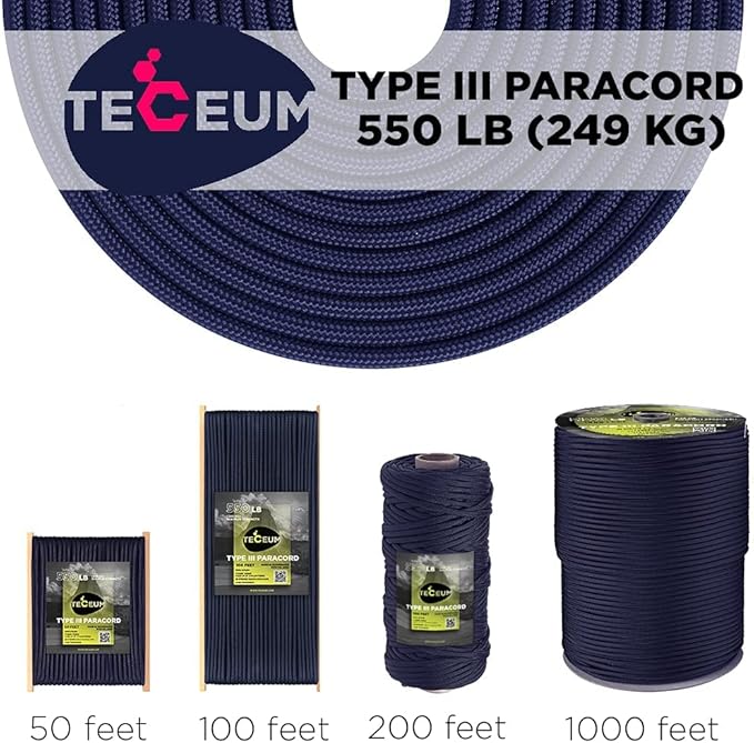 TECEUM 5/32" Paracord Rope 1000 – 1000ft / 200ft / 100ft / 50ft – Tactical Parachute Cord 4mm – 45+ Colors – Nylon String for Survival & Camping Gear – Stripe Cord for Survival – Utility Rope