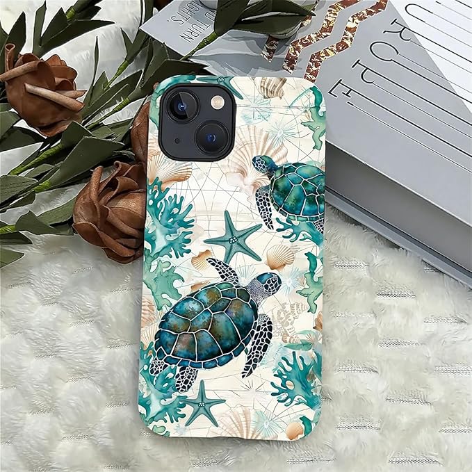 for iPhone 14 Plus Case,HH2 Ocean Sea Turtle Nautical Map Hybrid 2 Layer Hard Shell Silicone Protective Pattern Design Case