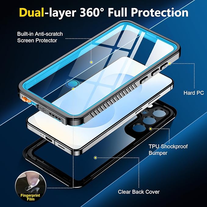 SPIDERCASE Designed for Samsung Galaxy S25 Case Waterproof,Built-in [ Screen + Camera Lens Protector][IP68 Underwater] Full Protection Heavy Duty Shockproof Anti-Scratched Phone Case, Blue