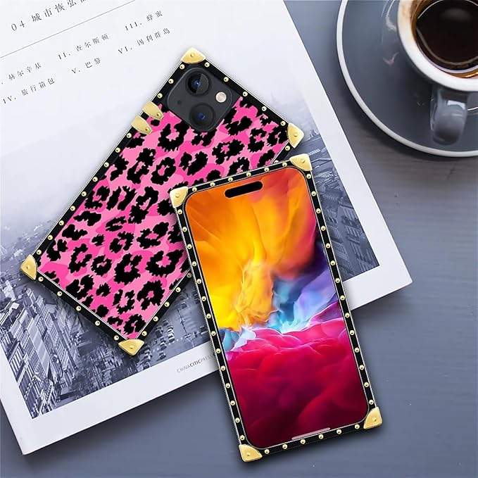 Compatible with iPhone 15 Case, Pink Black Leopard Luxury Golden Decoration for Girl Women Soft TPU Shockproof Protective Hard PC Back for iPhone 15