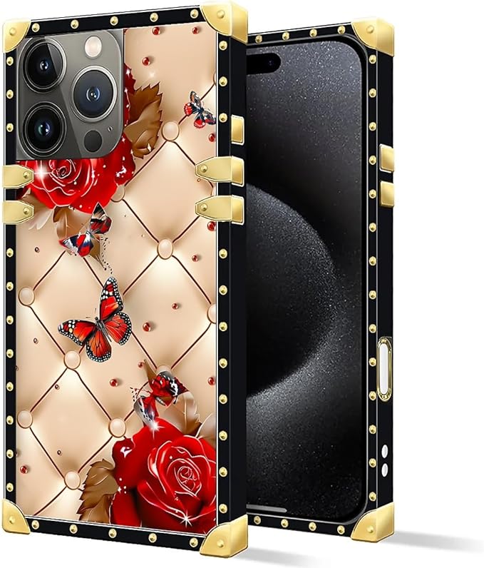 Compatible with iPhone 16 Pro Max Case, Shining Red Rose Butterfly Leather Background Luxury Golden Decoration for Girl Women Soft TPU Shockproof Protective Hard PC Back