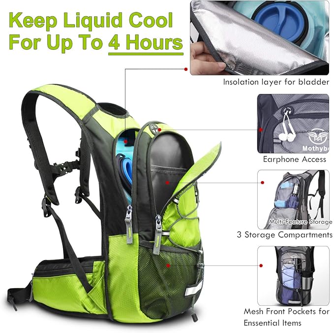 Mothybot Hydration Pack, Insulated Hydration Backpack with 2L BPA Free Water Bladder and Storage, Hiking Backpack for Men, Women, Kids for Running, Cycling, Camping - Keep Liquid Cool up to 5 Hours