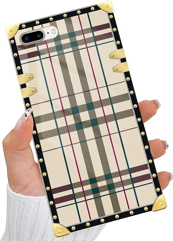 Compatible with iPhone 8 Plus 7 Plus Case, Black Red Beige Stripes Luxury Golden Decoration for Girl Women Soft TPU Shockproof Protective Hard PC Back for iPhone 8 Plus 7 Plus