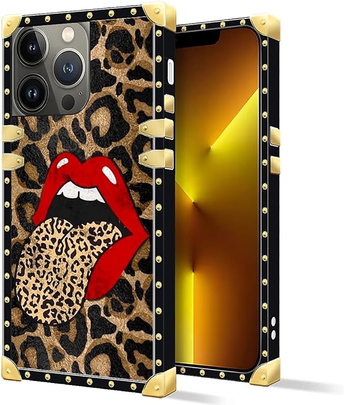 Compatible with iPhone 13 Pro Max Case, Brown Leopard Print Mouth Luxury Golden Decoration for Girl Women Soft TPU Shockproof Protective Hard PC Back for iPhone 13 Pro Max